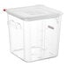 An Araven clear square polycarbonate food storage container with a red airtight lid.