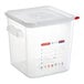 An Araven translucent square polypropylene food storage container with a red lid.