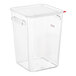 A clear plastic Araven food storage container with a red lid.