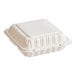 A white square Choice plastic hinged take-out container with 3 compartments.