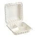 A white plastic Choice hinged take-out container with 3 compartments.