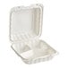 A white mineral-filled plastic hinged take-out container with three compartments.