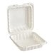 A white plastic Choice take-out container with a square white lid.