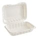 A white mineral-filled plastic hinged take-out container.