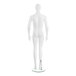 A white male mannequin with arms at its sides on a glass stand.