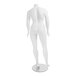 A headless white female mannequin with right leg forward on a stand.