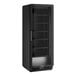 A tall black refrigerated glass door merchandiser with multiple shelves and LED lighting.