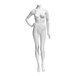 A headless female mannequin with a white dress, right hand on hip, and left leg bent.