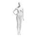 An Econoco Eve female oval head mannequin with right hand on hip and left leg bent wearing a white dress.