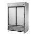 A silver True 2 section sliding door reach-in refrigerator with black doors.
