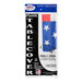 A black plastic bag with a Table Mate plastic table cover with a red, white, and blue stars and stripes design.
