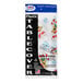 A Table Mate plastic table cover with red and white candy canes and snowflakes on a table.
