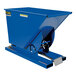 A blue metal Vestil self-dumping hopper.