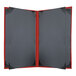 A grey rectangular menu cover with a red border and black corners with two open pages.