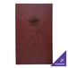 A brown leather menu cover with white customizable text.
