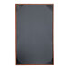 A black menu cover with a wooden border.