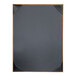 A black menu cover with a black ribbon in the corner and a black frame.