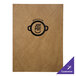 A brown menu cover with a logo on it.