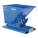 A blue metal Vestil self-dumping hopper.