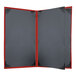 A grey rectangular menu cover with a red border and black corners.