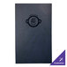 A navy menu cover with a logo on it.