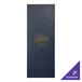 A navy leather menu cover with a logo on it.