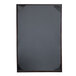 A black rectangular menu cover with a wooden border.