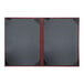 A grey rectangular menu cover with black and red corners and a red stripe.