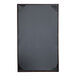 A brown menu cover with a wooden frame and clear plastic to view the menu inside.