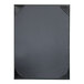 A black rectangular menu cover with metal corner accents.