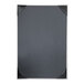 A white menu cover with a black border and corner protectors.