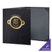 A black leather menu cover with a logo on it.