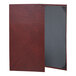 A grey rectangular menu cover with a red leather border and black corners.