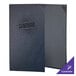 A navy blue rectangular menu cover with black borders and the word "Harley" in a logo.