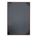 A black rectangular menu cover with red corners and a white background.