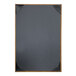 A black menu cover with brown corners.