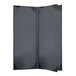 A navy blue rectangular menu cover with four black corners and four black pages.