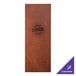 A brown leather rectangular menu cover with black customizable text.