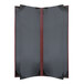 A grey rectangular menu cover with a red border and two pages open showing black and red interior.