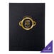 A black leather menu cover with a customizable logo.