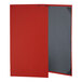 A red leather menu cover with grey pages.