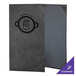 A black menu cover with a logo on the surface.