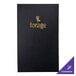 A black leather menu cover with gold text.