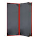 A grey rectangular menu cover with a red border and red stripes.