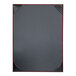 A black rectangular menu cover with a wooden frame and red corners.