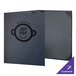 A navy blue leather menu cover with a logo on it.