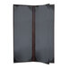 A brown menu cover with black trim and customizable inserts.