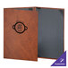 A brown leather H. Risch menu cover with a black and grey logo.