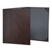 A brown leather menu cover with black corners.