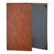A brown leather menu cover with black corners.